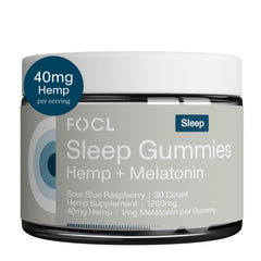 FOCL Sleep Gummies bottle with Sour Blue Raspberry promotes calm nights