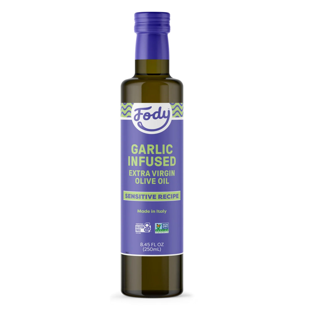 Fody Garlic Infused Olive Oil bottle close-up highlighting flavor and low FODMAP option.