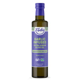 Fody Garlic Infused Olive Oil bottle close-up highlighting flavor and low FODMAP option.