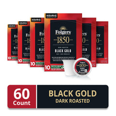 Folgers 1850 Black Gold Keurig pods arranged for fast single-serve brewing.