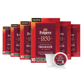 Folgers 1850 Trailblazer Keurig pods in a six-pack, ready for quick, flavorful mornings.