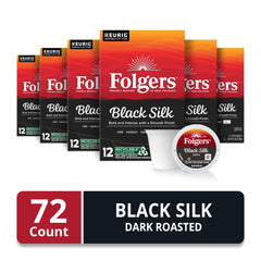 Folgers Black Silk dark roast cup close-up, rich aroma and smooth finish.