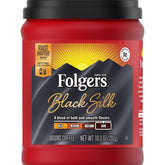 Folgers Black Silk canister preserves freshness for everyday brewing.
