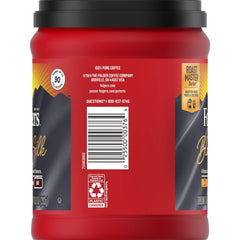 Folgers Black Silk ground coffee close-up highlighting dark roast notes.