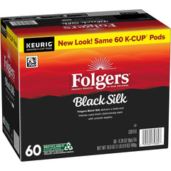 Folgers Black Silk pods on kitchen counter ready for brewing.