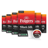 Folgers Black Silk K-Cup pods in six-pack box for quick, bold mornings.