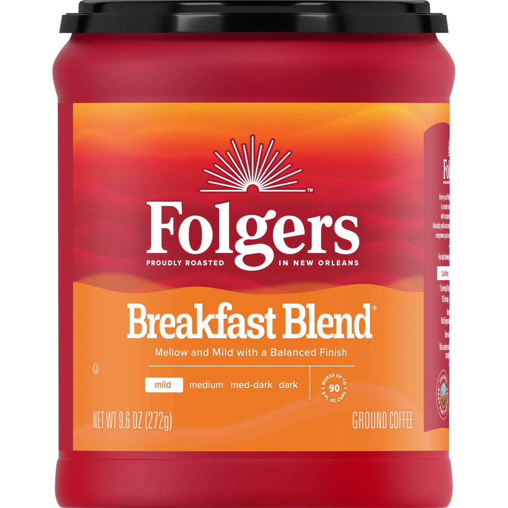 Folgers Breakfast Blend canister front, smooth morning coffee invitation