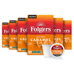 Folgers Buttery Caramel K-Cup boxes arranged for a six-box bundle.