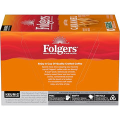 Close-up of Folgers Buttery Caramel pods highlighting easy single-serve brewing.