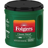 Folgers Classic Decaf AromaSeal canister front view shows freshness.