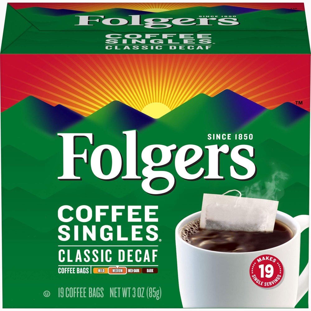 Folgers Classic Decaf single-serve bags in box for quick mornings