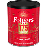 Folgers Classic Medium Roast canister front view with collectible 175th anniversary design.