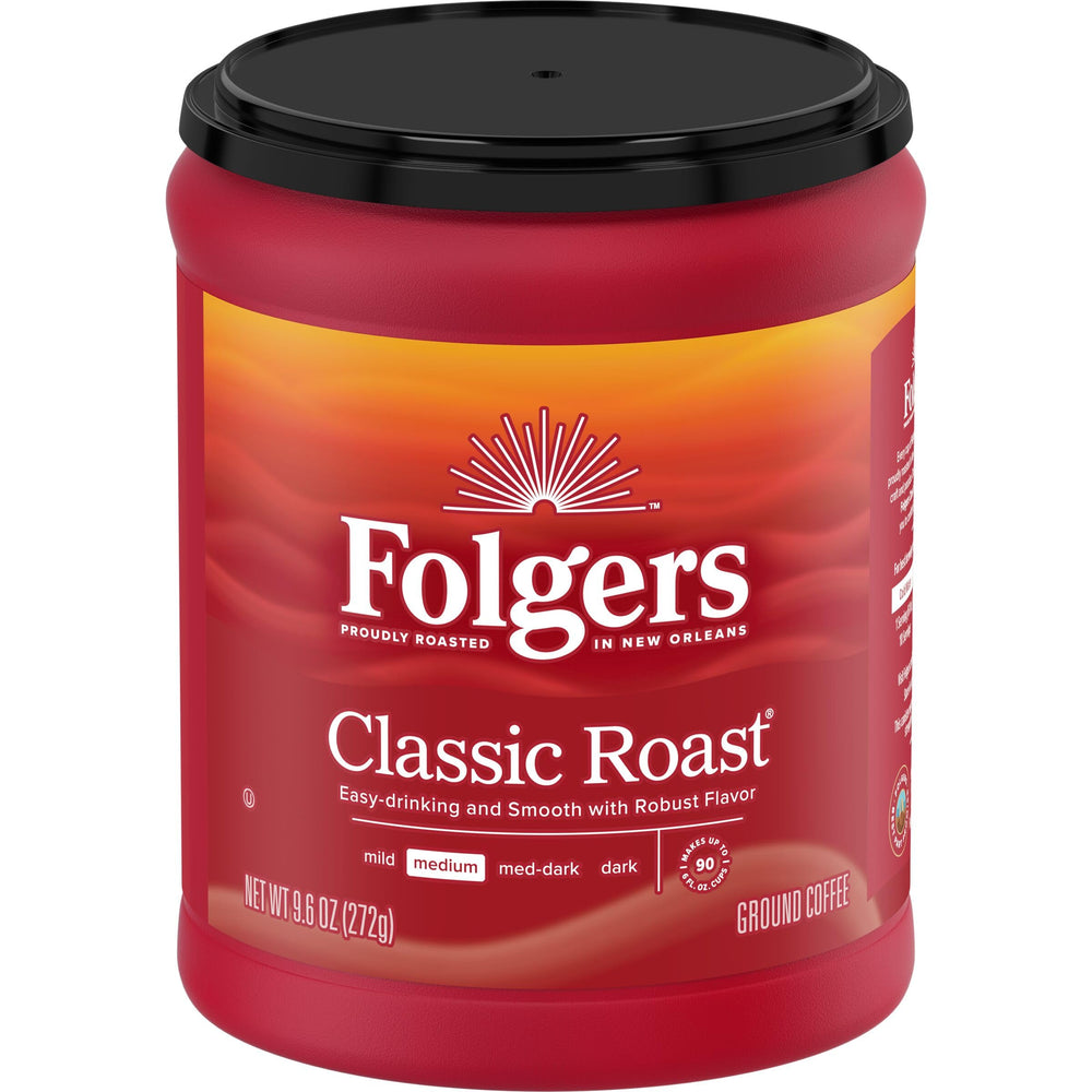 Folgers Classic Roast canister closeup with AromaSeal preserving freshness