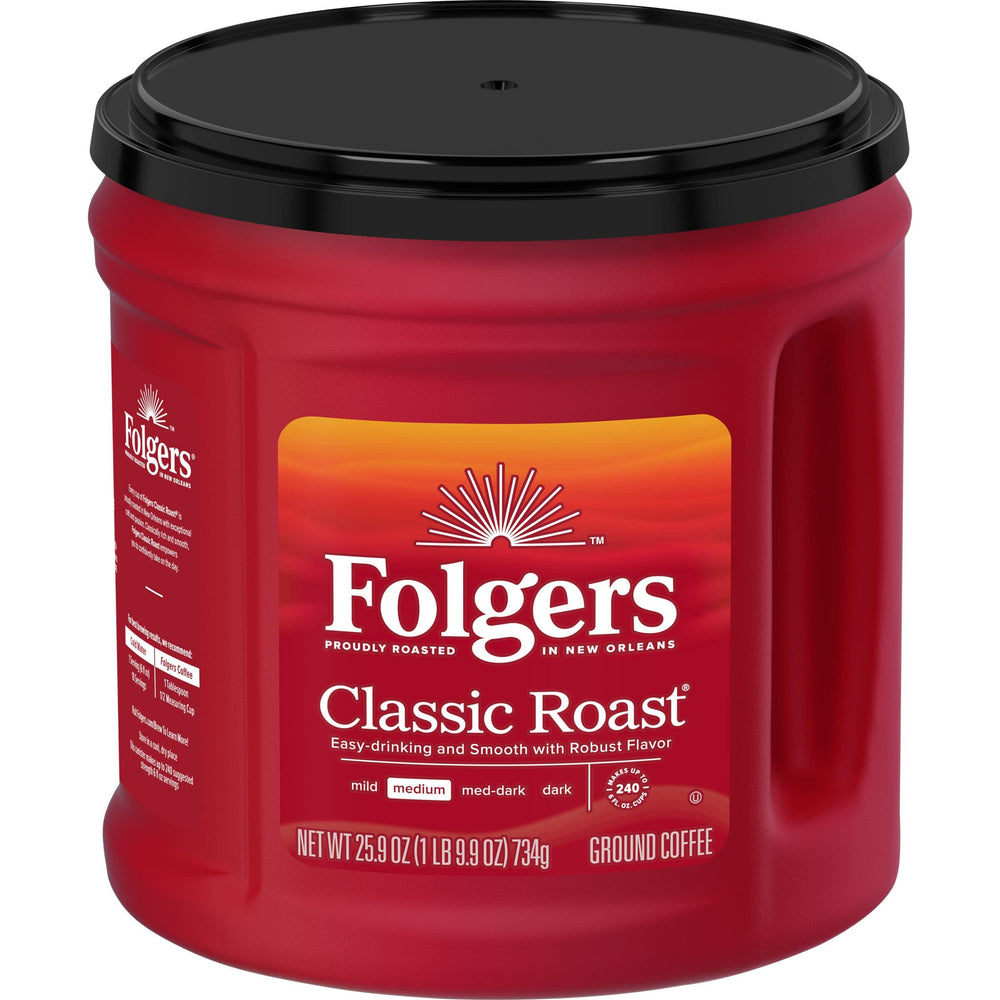 Folgers Classic Roast canister front view highlighting freshness and trusted aroma.