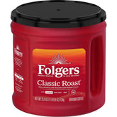 Folgers Classic Roast canister front view highlighting freshness and trusted aroma.