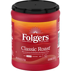 Folgers Classic Roast ground coffee beans close-up shows finely ground texture
