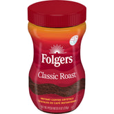 Folgers Classic Roast Instant Coffee jar with rich aroma for quick mornings.