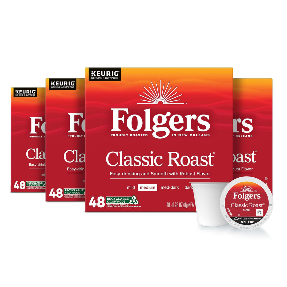 Folgers Classic Roast pack front view; quick, single-serve mornings.