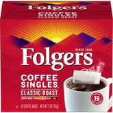 Folgers Coffee Singles box packaging shows convenient single-serve portions for busy mornings.
