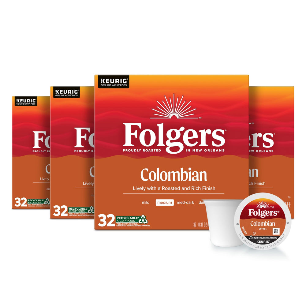 Folgers Colombian Coffee K-Cup pods in a box for easy morning brews.