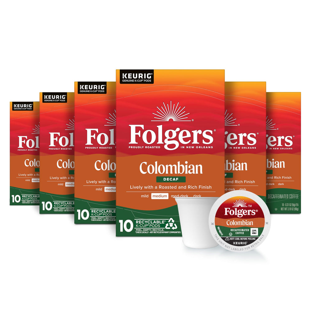 Folgers Colombian Decaf K-Cup pods in a box closeup, ready for quick caffeine-free mornings.