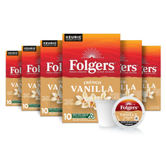 Folgers French Vanilla K-Cup pods box ready for quick aromatic mornings.