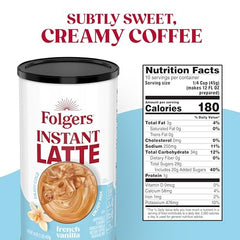 Folgers latte powder being poured for a creamy cup at home