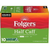 Folgers Half Caff box of K-Cup pods ready for Keurig brewing