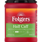 Folgers Half Caff ground coffee canister preserves aroma for daily mornings.