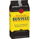 Folgers Supreme Bustelo espresso style whole bean coffee 32-oz bag ready to grind for bold flavor.