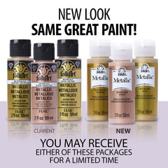 FolkArt Multisurface Metallic Paint Bright Gold demonstrates creamy application on wood swatch