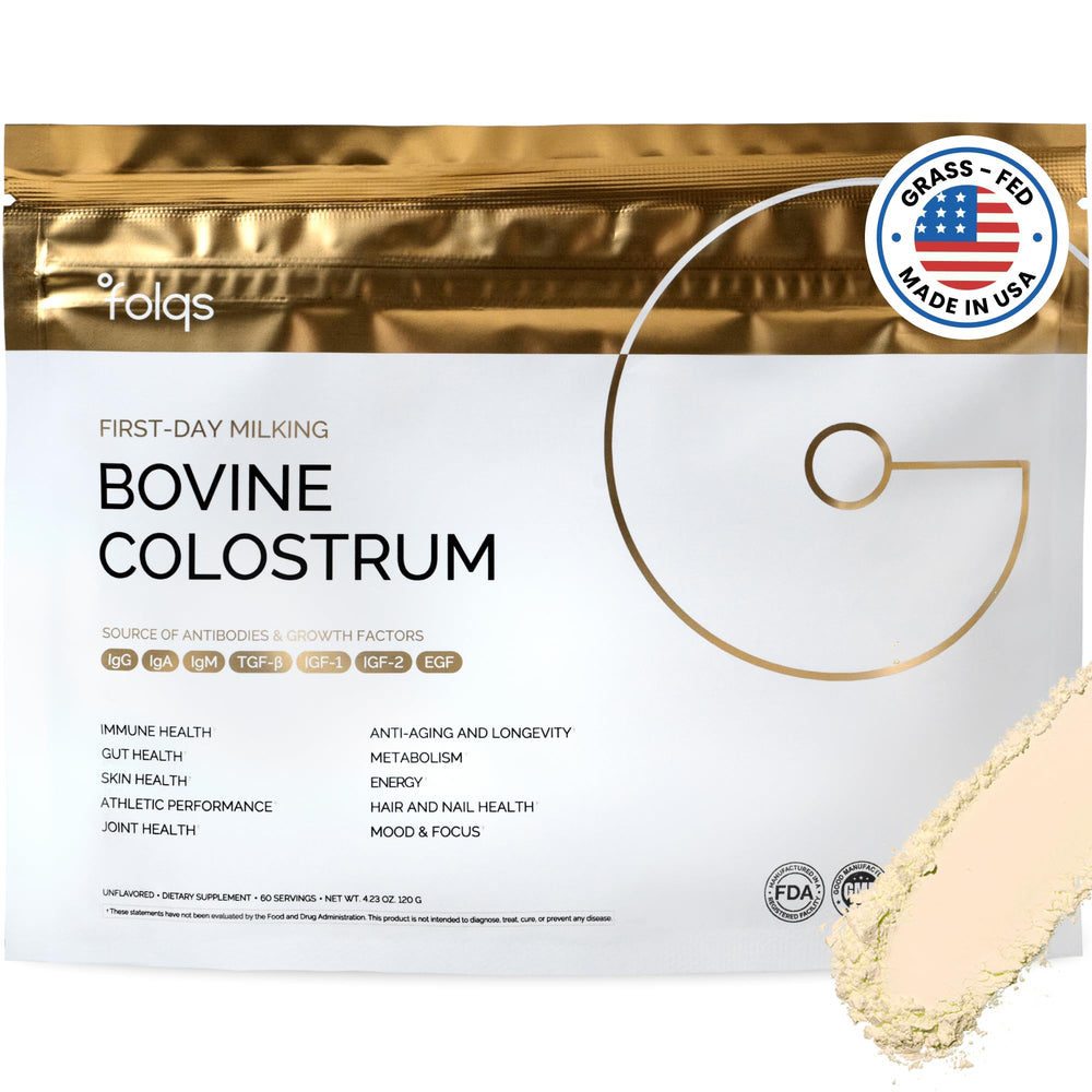Folqs Bovine Colostrum Powder bottle shows premium ingredients for immune and gut support.