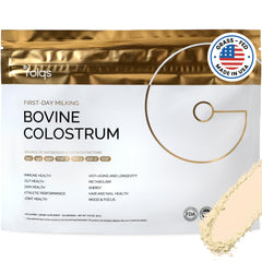Folqs Bovine Colostrum Powder bottle shows premium ingredients for immune and gut support.