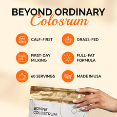 Folqs Bovine Colostrum Powder on white background suggests simple daily use.