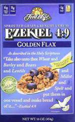 Food for Life Ezekiel 4:9 Golden Flax cereal packaging featuring a 16 oz bag and wholesome grains