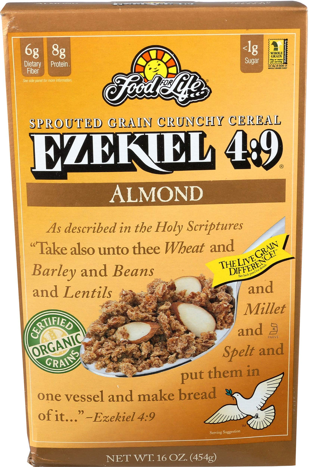 Food for Life Ezekiel Almond Sprouted Cereal in a bowl with milk, high in fiber