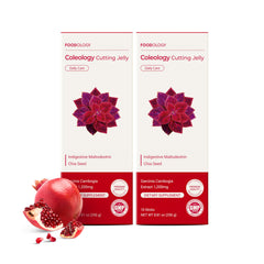 FOODOLOGY Coleology Cutting Stick Jelly Pomegranate pack shot shows a fiber-rich, on-the-go snack