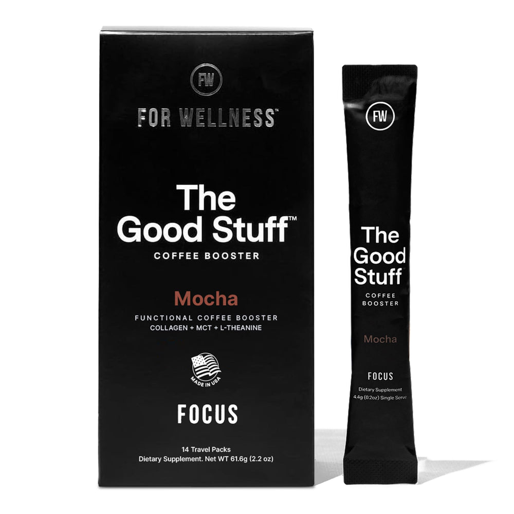 For Wellness The Good Stuff Mocha Coffee Booster bottle ready to mix for smooth energy