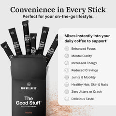 For Wellness The Good Stuff Mocha Coffee Booster in coffee cup highlights rich mocha flavor