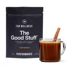 For Wellness The Good Stuff Cinnamon Coffee Booster pour into coffee for steady focus.