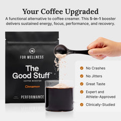 For Wellness The Good Stuff Cinnamon Coffee Booster scoop in cup for smooth energy.