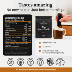 Pouring The Good Stuff mocha booster into coffee for steady focus