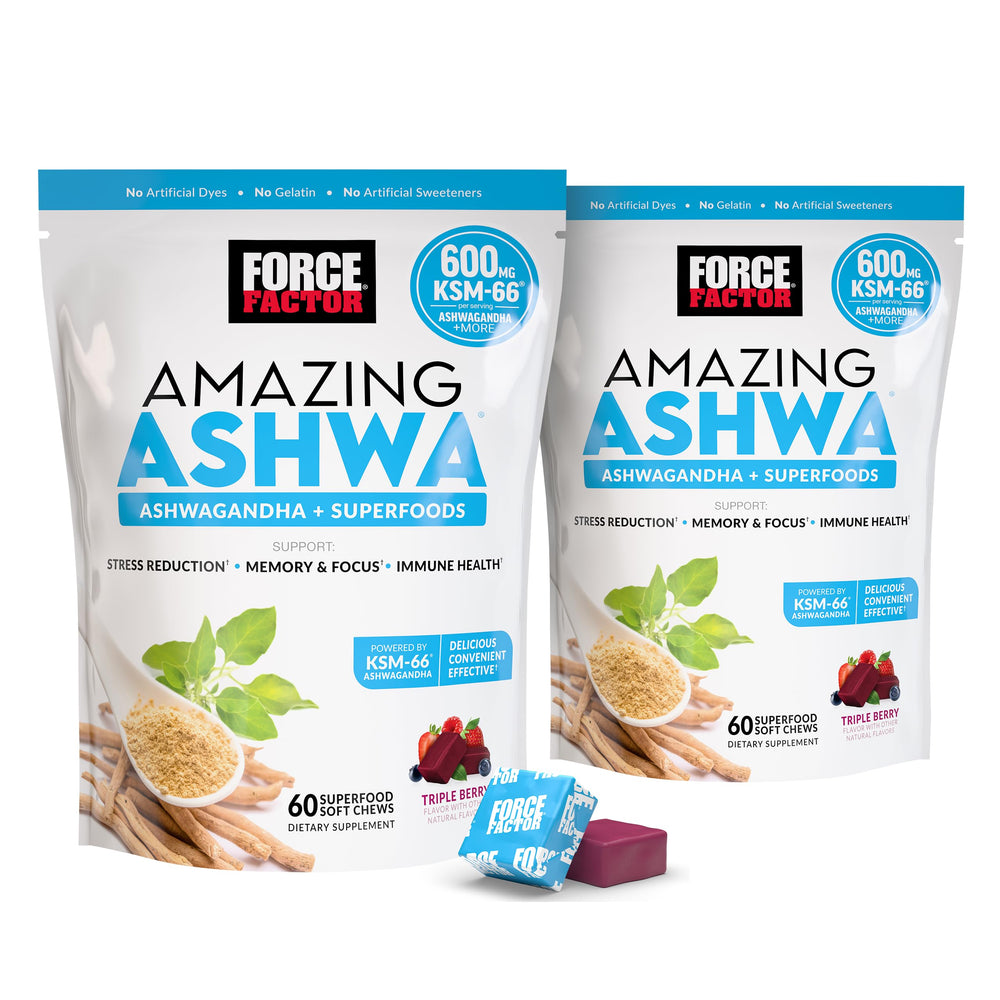 Force Factor Amazing Ashwa soft chews bottle for convenient daily stress support.