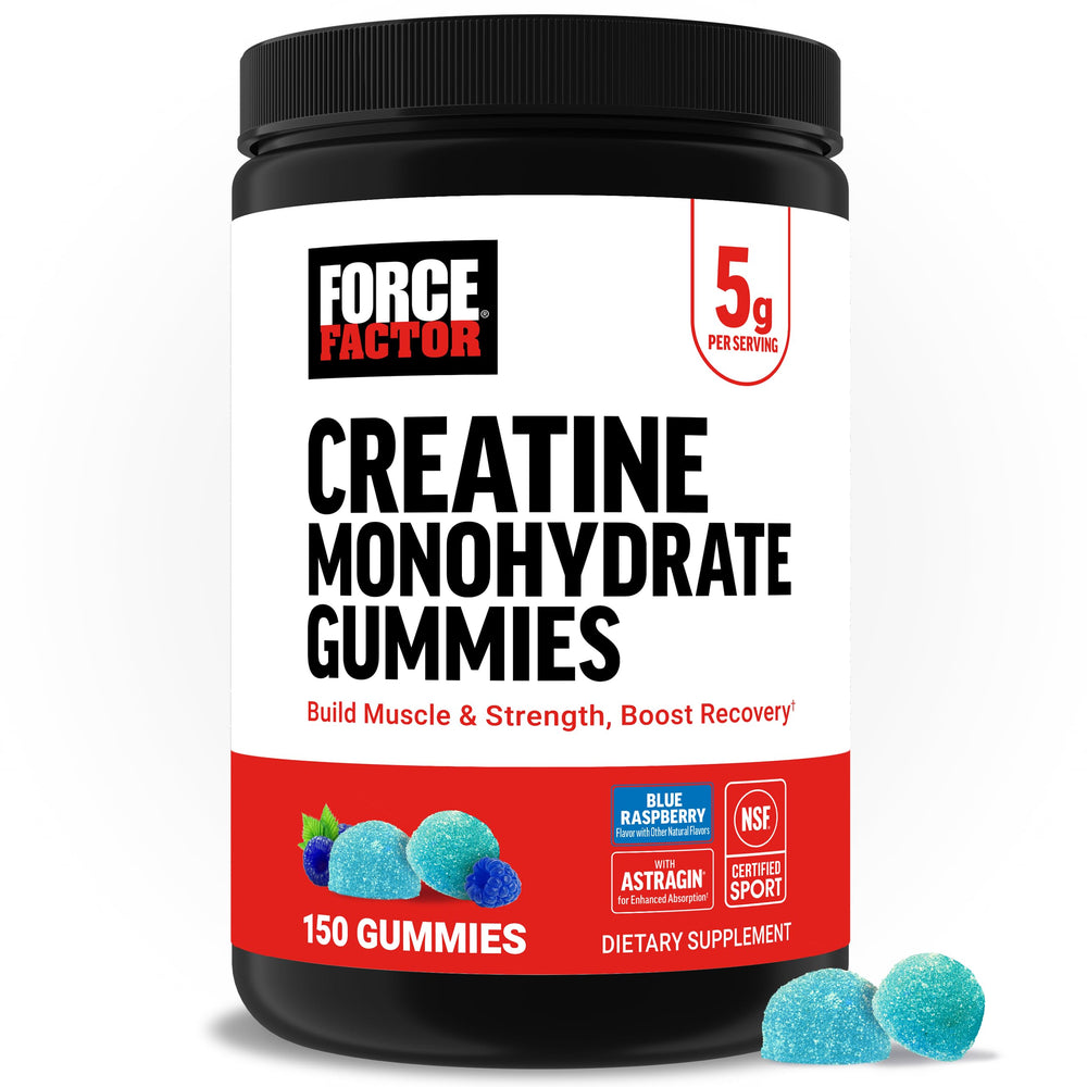 Force Factor Creatine Gummies bottle front, ready for workouts and on-the-go recovery.