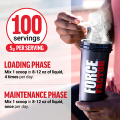Force Factor Creatine Monohydrate powder mixing in shaker demonstrates easy dissolution.