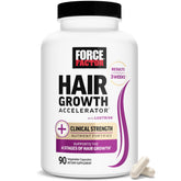 Force Factor Hair Growth Accelerator bottle on counter may support fuller hair and radiant skin.