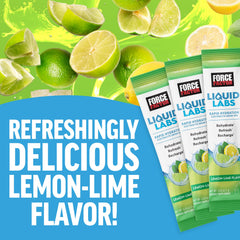 Force Factor Liquid Labs Lemon Lime stick-pack open with powder ready to mix.