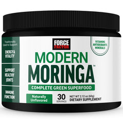 Force Factor Modern Moringa Powder bottle label highlighting pure moringa nutrient blend