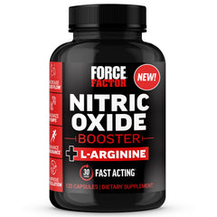 Force Factor Nitric Oxide Booster bottle on gym mat boosts circulation