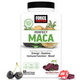Force Factor Perfect Maca soft chews bottle for daily energy routine.